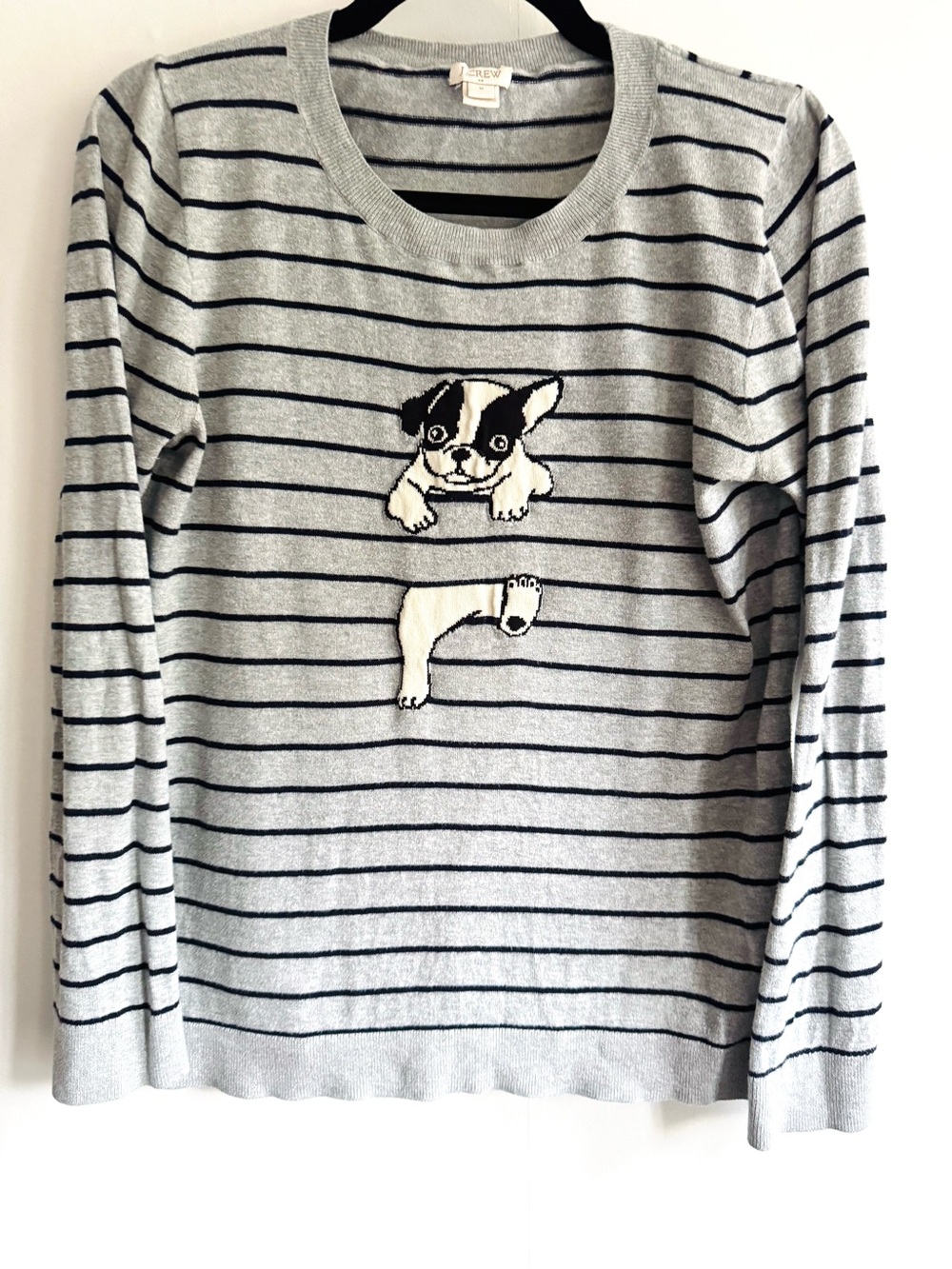 J. Crew Gray and Black Striped Crewneck Sweater with French Bulldog Motif - Picture 2 of 4